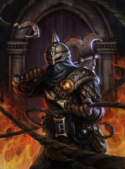 1boy armor axe belt bounty_hunter_(darkest_dungeon) commentary darkest_dungeon english_commentary gloves grappling_hook head_spikes helm helmet highres holding holding_axe holding_weapon hook mask scale_armor scroll shoulder_armor spiked_armor spikes t-biddy weapon