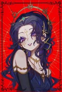 1girl ada_mesmer ada_mesmer_(everlasting_dream) blue_dress border commentary_request dress elbow_gloves eyelashes facial_mark gloves gold_necklace highres identity_v inset_border jewelry long_hair looking_at_viewer necklace official_alternate_costume ornate_border pink_lips purple_eyes purple_hair red_background reki510 smile solo sparkling_eyes upper_body wavy_hair