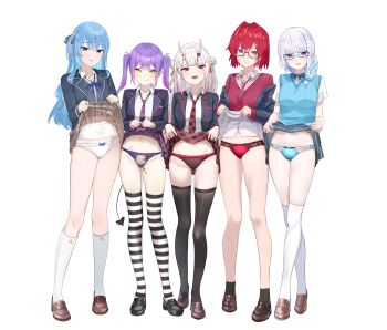 5girls :d absurdres alternate_costume ange_katrina ankle_socks bespectacled black-framed_eyewear black_jacket black_panties black_shoes black_socks black_thighhighs blazer blue-framed_eyewear blue_bow blue_bowtie blue_hair blue_panties blue_ribbon blue_skirt blue_sweater_vest bow bow_panties bowtie breasts brown_shoes brown_skirt closed_mouth clothes_lift collared_shirt commentary_request crossover demon_tail full_body glasses green_eyes hamigaki_(hikaruyusi) highres hololive horns hoshimachi_suisei jacket kneehighs knees legs lifting_own_clothes lize_helesta loafers long_hair long_sleeves medium_breasts multiple_girls nakiri_ayame navel neck_ribbon necktie nijisanji open_mouth panties plaid_clothes plaid_skirt purple_hair purple_necktie purple_panties red_hair red_necktie red_panties red_sweater ribbed_socks ribbon semi-rimless_eyewear shirt shoes simple_background skirt skirt_lift smile socks standing stomach striped_clothes striped_thighhighs sweater sweater_vest tail thighhighs thighs tokoyami_towa twintails under-rim_eyewear underwear virtual_youtuber white_background white_hair white_panties white_shirt white_skirt white_socks white_thighhighs