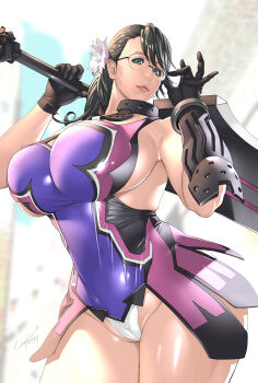 Rule 34 | 1girl, black hair, breasts, cameltoe, cattleya (queen's blade), cattleya (queen's blade) (cosplay), chouzuki maryou, cosplay, curvy, glasses, green eyes, highres, huge breasts, kotoyoshi yumisuke, lipstick, looking at viewer, makeup, mature female, queen's blade, sideboob, simple background, solo, thick thighs, thighs