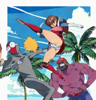 1girl 2boys ass belt black_eyes blue_eyes blue_pants blue_sky bodysuit boots brown_belt brown_hair clenched_teeth cloud colored_skin commentary_request day dress flying_kick gloves grey_bodysuit grey_gloves helmet highres kanda_momo kicking kneepits leg_up long_hair looking_at_another modoki_(wonder_momo) multiple_boys muscular muscular_male open_mouth outdoors palm_tree panties pants pantyshot purple_skin red_boots red_dress shamoan_(wonder_momo) shimadai587779 short_dress shoulder_pads sky standing teardrop teeth topless_male tree underwear v-shaped_eyebrows white_gloves white_panties wonder_momo