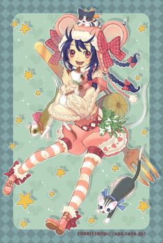Rule 34 | 00s, 1girl, 2008, :d, animal, animal ears, animal hat, animal on head, apupu, argyle background, argyle clothes, bad id, bad pixiv id, blue hair, boots, bow, braid, cat, cat on head, female focus, full body, fur trim, hair bow, hat, heart, heart print, long hair, long sleeves, looking at viewer, mouse ears, multiple braids, on head, open mouth, pink boots, plaid bow, polearm, pom pom (clothes), puffy shorts, red eyes, ribbon, shorts, smile, solo, star (symbol), star symbol background, striped clothes, striped thighhighs, thighhighs, trident, watermark, weapon, web address