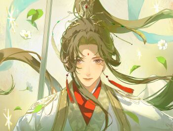 Rule 34 | 1boy, aqua shawl, aqua theme, beads, brown eyes, brown hair, brown theme, chinese clothes, close-up, closed mouth, cool colored, curtained hair, earrings, eyelashes, falling flower, falling leaves, floating hair, flower, gem, glint, gold trim, green theme, hair beads, hair ornament, hanfu, high ponytail, highres, huadian, jade (gemstone), jewelry, leaf, light smile, long hair, long sidelocks, male focus, mirekhot, parted bangs, pearl earrings, ponytail, puffy lips, red gemstone, red hanfu, shawl, sidelocks, simple background, simple flower, sparkle, straight-on, straight hair, sword, tareme, tassel, tassel earrings, tassel hair ornament, tianguan cifu, upper body, very long hair, weapon, white flower, white hanfu, white theme, xiao guan (headdress), xie lian, xie lian (flower crowned martial god), yellow background, yellow theme