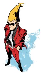 Rule 34 | 1boy, black shirt, blonde hair, closed mouth, ghost trick, hands in pockets, highres, jacket, long sleeves, male focus, necktie, open clothes, open jacket, pants, red jacket, red pants, shirt, simple background, sissel (ghost trick), solo, standing, sunglasses, wahootarou, white necktie