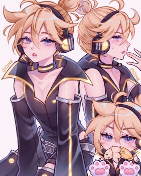 1boy :3 :o \||/ aegyo_sal ahoge animal_hands arm_between_legs banana bare_shoulders belt black_belt black_choker black_jacket black_shorts black_sleeves black_thighhighs blonde_hair blue_eyes blush choker closed_mouth collared_jacket commentary detached_sleeves double-parted_bangs english_commentary food fruit hair_between_eyes hand_up headphones headset high_ponytail highres ijiinie jacket kagamine_len kagamine_len_(punkish) long_sleeves looking_at_viewer male_focus mouth_hold multiple_views open_mouth pink_background ponytail profile project_diva_(series) short_hair short_ponytail short_shorts shorts sideways_mouth simple_background sitting sleeveless sleeveless_jacket sweat teeth thighhighs twitter_username upper_teeth_only vocaloid