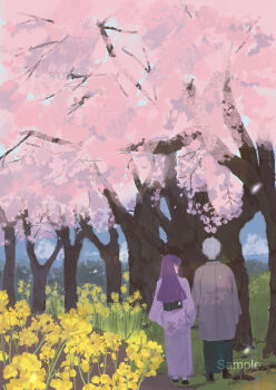 1boy 1girl absurdres cherry_blossoms commentary commentary_request day english_commentary flower from_behind full_body grey_hair grey_kimono highres japanese_clothes kimono long_hair mixed-language_commentary original outdoors purple_hair purple_kimono rapeseed_blossoms sample_watermark scenery short_hair spring_(season) straight_hair tree very_short_hair walking watermark yamiko160 yellow_flower