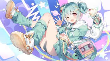 1girl ;d abstract_background absurdres aqua_bag aqua_hair aqua_jacket aqua_leg_warmers aqua_skirt badge bag blue_background blush breasts button_badge cassette_tape cherry cherry_hair_ornament choker collarbone crop_top double_bun first_stage_production food food-themed_hair_ornament fruit full_body hair_bun hair_intakes hair_ornament hairclip highres holding holding_food holding_ice_cream hood hooded_jacket ice_cream jacket karory leg_warmers lightning_bolt_symbol long_sleeves looking_at_viewer medium_breasts midriff miniskirt name_tag navel official_art one_eye_closed open_clothes open_jacket open_mouth orange_eyes pink_background pink_choker pleated_skirt purple_background second-party_source shoes shoulder_bag skirt smile soda_cosmo solo star_(symbol) star_hair_ornament star_in_eye stopwatch symbol_in_eye virtual_youtuber watch white_shoes white_sleeves
