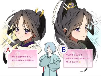 2boys age_progression ahoge androgynous black_hair blue_hair blue_kimono child choice closed_mouth commentary_request comparison cropped_shoulders curtained_hair emoji frilled_sleeves frills frown fubuki_(nige_jouzu_no_wakagimi) gloves hair_ornament hair_over_one_eye hand_on_own_chin high_ponytail highres hikobe_fubuki houjou_tokiyuki_(nige_jouzu_no_wakagimi) japanese_clothes kanzashi kariginu kimono korean_commentary light_blush long_sleeves looking_at_viewer male_focus motoyui multiple_boys multiple_views nige_jouzu_no_wakagimi parted_bangs ponytail puffy_long_sleeves puffy_sleeves purple_eyes red_ribbon ribbon shide sidelocks_tied_back simple_background smile sparkle thinking v-shaped_eyebrows white_background white_gloves