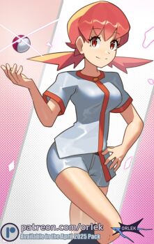 1girl breasts closed_mouth long_hair looking_at_viewer medium_breasts nintendo orlek pink_eyes pink_hair poke_ball poke_ball_(basic) pokemon pokemon_gsc shirt short_sleeves shorts smile solo twintails white_shirt white_shorts whitney_(pokemon)