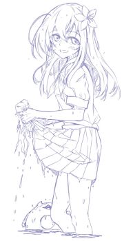 Rule 34 | 1girl, alakoala, blush, commentary request, double-parted bangs, enemy lifebuoy (kancolle), feet out of frame, flower, from side, hair between eyes, hair flower, hair ornament, kantai collection, lineart, long hair, looking at viewer, midriff peek, neckerchief, pleated skirt, ro-500 (kancolle), sailor collar, short sleeves, sidelocks, skirt, smile, turning head, unfinished, wading, water, water drop, wet, wet clothes