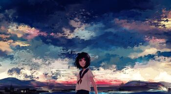 1girl backlighting black_eyes black_hair black_sailor_collar cityscape closed_mouth cloud cloudy_sky commentary_request damomoooo horizon looking_at_viewer multicolored_sky neckerchief original red_neckerchief sailor_collar sailor_shirt scenery shirt short_hair short_sleeves sky solo sunset white_shirt wide_shot