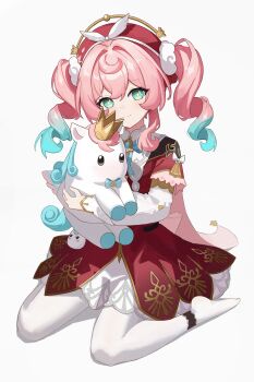 1girl absurdres aqua_bow aqua_eyes aqua_hair beret black_boots blush boots bow bowtie closed_mouth commentary_request crown dress full_body gold_crown gradient_hair hair_between_eyes hair_ornament hat highres holding holding_stuffed_toy honkai:_star_rail honkai_(series) hyacine_(honkai:_star_rail) little_ica_(honkai:_star_rail) long_sleeves memosprite multicolored_hair pantyhose pink_bow pink_bowtie pink_hair red_dress sitting smile stuffed_animal stuffed_toy twintails unicorn wariza white_pantyhose wings zhoulao
