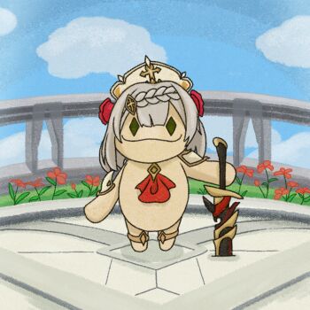 Rule 34 | 1girl, aranara (genshin impact), armor, badge, braid, cloud, cloudy sky, commentary request, cosplay, crown braid, diamond (shape), flower, hair flower, full body, genshin impact, grass, hair between eyes, hair ornament, headdress, icirno0909, jewelry, looking at viewer, neckerchief, noelle (genshin impact), noelle (genshin impact) (cosplay), outdoors, partial commentary, pauldrons, planted, planted sword, planted weapon, red flower, red neckerchief, rose, shield, shoulder armor, sidelocks, silver hair, single pauldron, sky, smile, solid eyes, solo, standing, sword, thighlet, wavy mouth, weapon