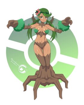 1girl absurdres artist_name breasts flower full_body gen_6_pokemon green_eyes green_hair hair_flower hair_ornament highres looking_at_viewer mallow_(pokemon) monsterification navel nintendo orange_pupils orcaleon poke_ball_symbol pokemon pokemon_sm small_breasts solo tan trevenant twintails