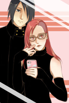 Rule 34 | 1boy, 1girl, absurdres, asymmetrical hair, bare shoulders, black hair, boruto: naruto next generations, brown-framed eyewear, cellphone, closed mouth, commentary, contemporary, eyelashes, glasses, hair over one eye, highres, holding, holding phone, karin (naruto), lips, long hair, lzm60407, naruto (series), phone, red eyes, red hair, short hair, sidecut, smartphone, uchiha sasuke, undercut, upper body
