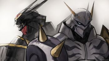 Rule 34 | 2others, absurdres, alphamon, digimon, glowing, glowing eyes, helmet, highres, horns, logicsterrr, looking at viewer, looking back, multiple others, omegamon, sidelighting, spikes, upper body