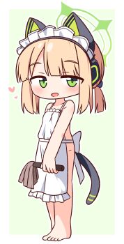 1girl :d absurdres animal_ear_headphones animal_ears apron barefoot blonde_hair blue_archive blush border cat_ear_headphones cat_ears commentary_request duster fake_animal_ears full_body green_background green_eyes green_halo halo hana_kazari headphones heart highres holding holding_duster looking_at_viewer maid_headdress mechanical_tail midori_(blue_archive) naked_apron open_mouth outline outside_border short_hair simple_background smile solo standing tail white_apron white_border white_outline