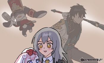 1boy 1girl 2others absurdres black_pants black_shirt blue_eyes blush dan_heng_(honkai:_star_rail) dress flower formal_clothes frying_pan grey_hair hat highres holding holding_frying_pan holding_polearm holding_weapon honkai:_star_rail honkai_(series) mem_(honkai:_star_rail) multiple_others necktie pants polearm pom-pom_(honkai:_star_rail) red_flower red_hat red_rose rose sakana_(fishchunk) shirt spear stelle_(honkai:_star_rail) suit to_be_continued trailblazer_(honkai:_star_rail) weapon wedding_dress white_shirt yellow_eyes yellow_necktie