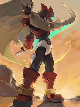 1boy absurdres black_bodysuit blonde_hair bodysuit boots cape commentary_request full_body helmet highres holding holding_sword holding_unworn_cape holding_unworn_clothes holding_weapon long_hair looking_at_viewer male_focus mega_man_(series) mega_man_zero_(series) mega_man_zero_2 omochi_(mochi_skymega) outdoors solo standing sword unworn_cape weapon zero(z)_(mega_man) zero_(mega_man)