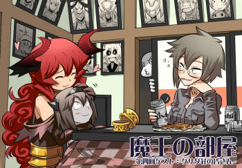 1other 3girls alcohol artist_self-insert asahi_beer asahi_breweries beer beer_can blush borrowed_character breast_rest breasts can character_request crossover demon_girl drink_can drunk eating elbow_gloves glasses gloves grey_hair heart horns hug iei indoors kotatsu long_hair maou_beluzel matsuda_yuusuke megane-san_(kusada) multiple_girls o-ring o-ring_top o3o original photo_(object) red_hair short_hair squid table very_long_hair yuusha_to_maou