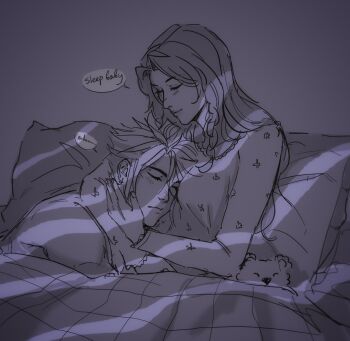 1boy 1girl aerith_gainsborough arms_around_neck breasts closed_eyes closed_mouth cloud_strife couple cuddling english_text final_fantasy final_fantasy_vii hetero highres light_blush light_smile long_hair medium_breasts pajamas parted_bangs pillow print_pajamas sageixx short_hair sidelocks topless_male under_covers upper_body