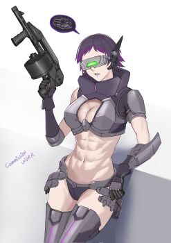 1girl :< abs against_wall armor armsel_striker bikini bikini_armor black_bikini black_gloves black_hair black_sleeves boots breasts cleavage cleavage_cutout clenched_teeth clothing_cutout colored_tips commentary commission detached_sleeves english_commentary girls'_frontline gloves green-tinted_eyewear grey_boots gun head-mounted_display high_collar highres holding holding_behind_back holding_gun holding_weapon holding_weapon_behind_back large_breasts leg_armor mechanical_legs multicolored_hair name_connection navel pauldrons purple_hair purple_lips robot_ears sangvis_ferri seilindekos short_hair shotgun shoulder_armor single_pauldron solo spoken_squiggle squiggle stomach striker_(girls'_frontline) swimsuit teeth thigh_boots tinted_eyewear toned toned_female variant_set very_short_hair weapon