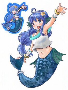 1girl ahoge armlet blue_hair blue_scales blue_tail blush crop_top faux_traditional_media fins full_body game_screenshot_inset green_eyes hair_between_eyes hair_ornament head_fins jewelry long_hair long_sidelocks looking_at_viewer low_ponytail mermaid monster_girl navel necklace official_art_inset one_eye_closed open_mouth pearl_hair_ornament ponytail puyopuyo puyopuyo_quest reference_inset scales serilly_(puyopuyo) sidelocks simple_background solo starfish_hair_ornament tail tail_ornament tail_ring udonkomaru33 white_background wristband