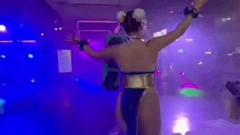 Rule 34 | 1girl, 1other, alternate costume, animated, ass, blue dress, bowl, bracelet, breasts, brown eyes, brown hair, capcom, china dress, chinese clothes, chun-li, clothes lift, cosplay, dancing, double bun, dress, full body, hair bun, highres, huge ass, jewelry, jumping, looking at another, magsmx, mexican (nationality), official alternate costume, pelvic curtain, pelvic curtain lift, pixelated, real life, revealing clothes, simple background, spiked bracelet, spikes, street fighter, tagme, thick thighs, thighs, video