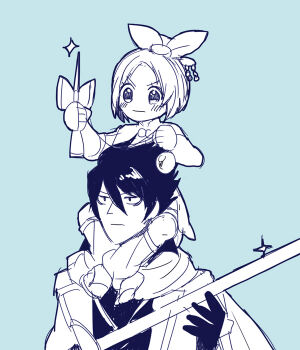 Rule 34 | black hair, brown eyes, brown hair, hair ribbon, kedama (touhou), mekonu (mknn), monochrome, oichi (sengoku musou), ribbon, sengoku musou, sitting on shoulder, sword, todo takatora (sengoku musou), weapon