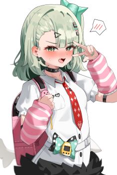 Rule 34 | 1girl, absurdres, arm warmers, backpack, bag, black choker, blush, byeop (qudrhkswww), choker, earrings, fang, green eyes, highres, jewelry, looking at viewer, multiple hair clips, musical note earrings, necktie, open mouth, pink arm warmers, pink bag, red necktie, shirt, skin fang, solo, spoken blush, striped arm warmers, sunna (zenless zone zero), v, white background, white shirt, winged bag, y2k fashion, zenless zone zero