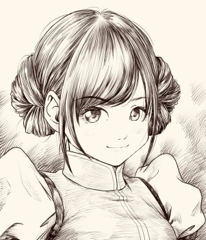 1girl braid braided_bun breasts commentary_request double_bun greyscale hair_bun hatching_(texture) highres lee_(dragon_garou) medium_breasts monochrome original portrait puffy_sleeves sidelocks smile solo swept_bangs