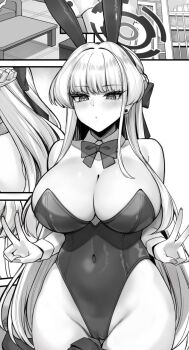 1girl alternate_breast_size_(larger) animal_ears blue_archive breasts cameltoe detached_collar double_v fake_animal_ears halo highleg huge_breasts kanopan leotard long_hair monochrome playboy_bunny rabbit_ears strapless strapless_leotard thighhighs toki_(blue_archive) toki_(bunny)_(blue_archive) v