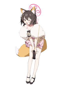 1girl absurdres adon_(dufaladanidu) animal_ear_fluff animal_ears black_hair black_shoes blue_archive dress fox_ears fox_girl fox_tail full_body halo highres izuna_(blue_archive) izuna_(dress)_(blue_archive) looking_at_viewer one_eye_closed open_mouth pink_dress red_halo shoes simple_background smile solo standing tail white_background yellow_eyes