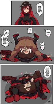 1boy 1girl anus comic cum cum_in_pussy dark-skinned_male dark_skin dialogue_box english_text grey_eyes hetero highres hood hoodie instant_loss mating_press rape red_hair red_hoodie ruby_rose rwby sex vaginal verymediocre