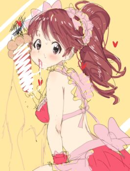 10s 1boy 1girl apron bad_id bad_pixiv_id brown_eyes brown_hair cum cum_on_body donut donut_on_penis facial fellatio food food_on_body heart hetero idolmaster idolmaster_cinderella_girls looking_at_viewer loveravu808 maid_apron oral penis ponytail shiina_noriko sitting sketch waist_apron