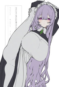 1girl absurdres apron black_dress blush breasts brooch closed_mouth collared_dress commentary_request cowboy_shot dress eurasia_(wtp09ptw14) flexible francoise_(eurasia) gem green_gemstone grey_apron grey_pantyhose hair_between_eyes highres huge_breasts jewelry leg_up long_bangs long_hair long_sleeves looking_at_viewer maid maid_headdress original pantyhose purple_eyes purple_hair request_inset simple_background solo split standing standing_on_one_leg standing_split translation_request very_long_hair white_background