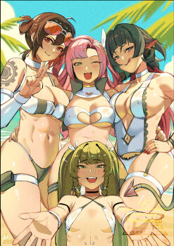 4girls :d :q ;d android animal_ears bikini black_hair blue_sky breasts choker closed_mouth clothing_cutout cloud colored_inner_hair commentary day earrings english_commentary fang goggles goggles_on_head grace_howard green_eyes green_hair hair_between_eyes hair_ornament hair_ribbon highres jane_doe_(zenless_zone_zero) jewelry large_breasts long_hair looking_at_viewer mouse_ears mouse_girl mouse_tail multicolored_hair multiple_girls navel navel_cutout nicole_demara one-piece_swimsuit one_eye_closed open_mouth orange_eyes pink_hair qingyi_(zenless_zone_zero) red_hair ribbon sharp_tail sidelocks sky smile sphere_hair_ornament standing stomach swimsuit tail thigh_strap tongue tongue_out twintails two_side_up v white_bikini white_choker white_one-piece_swimsuit white_ribbon yusi_vishnu zenless_zone_zero