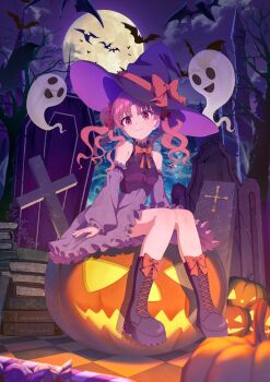 absurdres bare_tree bat_(animal) book book_stack boots bow bowtie brown_eyes brown_hair closed_mouth coffin detached_sleeves dress full_moon ghost hair_bow halloween hat highres knee_boots long_hair moon night night_sky on_pumpkin outdoors pension_z purple_boots purple_dress purple_hat purple_sleeves red_bow red_bowtie shirai_kuroko sitting sky smile toaru_kagaku_no_railgun toaru_majutsu_no_index tree twintails witch witch_hat