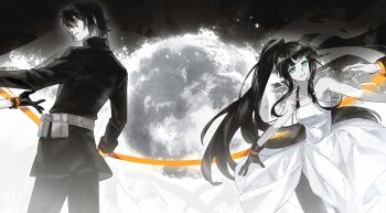 Rule 34 | 1boy, 1girl, bare shoulders, belt, belt pouch, blue eyes, breasts, chinese commentary, commentary request, dress, feet out of frame, full moon, gloves, greyscale, grin, highres, jacket, long hair, long sleeves, medium breasts, minato hikaru, minato kageaki, monochrome, moon, moon background, outstretched hand, pants, ponytail, pouch, reaching, reaching towards another, short hair, sleeveless, sleeveless dress, smile, soukou akki muramasa, spot color, standing, star (sky), star (symbol), suika (494799937), tileable, yellow eyes