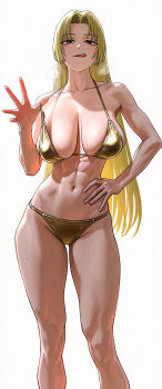 abs ai-generated bikini blonde_hair breasts gold_bikini hoshino_akarii huge_breasts jujutsu_kaisen looking_at_viewer muscular muscular_female swimsuit tongue tongue_out tsukumo_yuki_(jujutsu_kaisen)