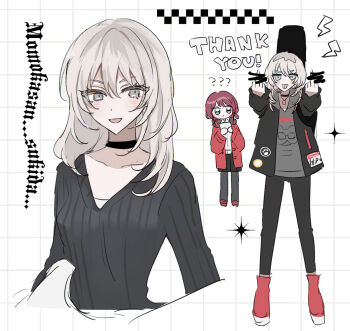 Rule 34 | 2girls, ?, ??, black choker, black jacket, black pants, black sweater, blush, brown hair, censored, censored gesture, choker, commentary, double middle finger, girls band cry, grey eyes, grey hair, grey hoodie, guitar case, hair between eyes, hamchan69, hood, hood down, hoodie, instrument case, instrument on back, iseri nina, jacket, kawaragi momoka, long hair, long sleeves, middle finger, multicolored hair, multiple girls, open mouth, pants, red jacket, red shoes, romaji text, roots (hair), shoes, sweater, tongue, tongue out, translated