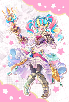 1girl :3 :d aqua_hair armor bare_shoulders black_pantyhose blonde_hair blue_eyes blush boots breastplate detached_sleeves dress earrings etrian_odyssey gauntlets greaves high_heel_boots high_heels highres holding holding_sword holding_weapon jewelry long_hair looking_at_viewer mesugaki multicolored_hair nails_visible_through_gloves open_mouth pantyhose pink_hair princess sekaiju_no_meikyuu sekaiju_no_meikyuu_3 sekaiju_no_meikyuu_hd smile solo sovereign_(sekaiju) sovereign_5_(sekaiju) sword tiara twintails weapon white_dress yasaitabeyou0 zoom_layer