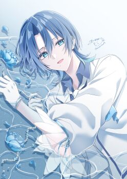 Rule 34 | 1girl, absurdres, amamoco171, androgynous, blue eyes, blue flower, blue hair, blue rose, flower, highres, hiodoshi ao, hololive, lying, mole, mole under mouth, open mouth, partially submerged, rose, smile, solo, tomboy, virtual youtuber