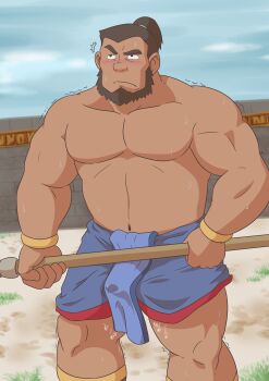 1boy ^^^ abs absurdres bara black_hair bulge character_request clothes_down copyright_request dark-skinned_male dark_skin erection erection_under_clothes feet_out_of_frame highres holding holding_polearm holding_weapon large_pectorals male_focus mature_male minatsumi muscular muscular_male navel no_nipples pectorals polearm ponytail precum precum_through_clothes short_hair shy solo standing stomach strongman_waist sweat topless_male trembling weapon