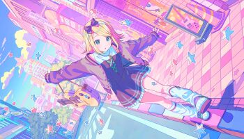 1girl aqua_eyes bass_guitar black_bow black_cardigan blonde_hair blue_sky blush bow bow_hairband building cardigan cloud colorful_palette dress full_body game_cg hairband highres instrument jewelry kagamine_rin leg_up leg_warmers leo/need_rin medium_hair necklace official_alternate_costume official_art open_cardigan open_clothes project_sekai shoes sky sleeveless sleeveless_dress solo star_(symbol) swept_bangs third-party_source tree unsteady_still_steady_step_(project_sekai) vocaloid white_hairband white_leg_warmers white_shoes yellow_bag