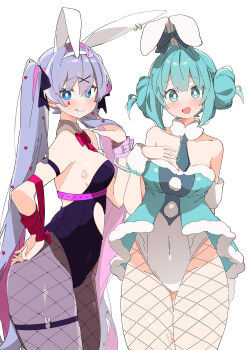 Rule 34 | 2girls, :d, :p, absurdres, animal ear piercing, animal ears, aqua eyes, aqua hair, arm behind back, bicute bunnies miku, bicute bunnies miku (white bunny), black leotard, black ribbon, blue eyes, blush, bow, bowtie, breasts, bright pupils, chest tattoo, closed mouth, clothing cutout, colored inner hair, commentary, covered navel, cowboy shot, detached collar, double bun, dress, ear bow, fishnet pantyhose, fishnets, from side, fur-trimmed dress, fur collar, fur trim, fur wrist cuffs, gluteal fold, grey bow, grey necktie, hair bun, hair ornament, hair ribbon, hairband, hand in own hair, hand on own hip, hatsune miku, heart, heart hair ornament, highres, leg tattoo, leotard, licking lips, long hair, looking at viewer, looking to the side, multicolored hair, multiple girls, navel cutout, necktie, no nose, number tattoo, open mouth, pantyhose, pink hair, playboy bunny, purple hair, purple pantyhose, rabbit ears, rabbit hole (vocaloid), red bow, red bowtie, red tattoo, ribbon, short necktie, simple background, smile, straight-on, strapless, strapless dress, tattoo, thigh strap, thighs, tie clip, tied ears, tongue, tongue out, two-tone hair, uruti 2388, very long hair, vocaloid, white background, white hairband, white leotard, white pupils, white wrist cuffs, wrist cuffs