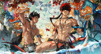 2boys abs animal_ears arm_behind_head arm_tattoo armband armpits arrow_(projectile) arsh_(thestarwish) bandaged_wrist bandages barbell_piercing black_hair black_loincloth blindfold chinese_commentary closed_mouth cloud cloudy_sky commentary_request covered_eyes cowboy_shot dark_skin dragon earrings facial_tattoo facing_to_the_side green_eyes green_sky groin hand_up highres holding holding_arrow jewelry knee_up leaf leg_tattoo looking_ahead male_focus male_pubic_hair maple_leaf maple_tree multiple_boys nature neck_tattoo necklace nipple_piercing nipples original outdoors pectoral_cleavage pectorals piercing pubic_hair pubic_hair_peek red_armband red_hair rock serious short_bangs short_hair shoulder_tattoo single_earring sky spiked_hair stomach_tattoo tail tattoo toned toned_male topless_male tree water white_loincloth wolf_boy wolf_ears wolf_tail wyvern