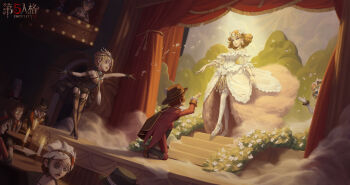 3boys 6+girls absurdres arm_garter bag balcony bane_(identity_v) black_cape black_collar black_footwear black_gloves black_headwear black_leotard black_skirt black_thighhighs blonde_hair bloomers blue_eyes boots bracelet brown_hair button_eyes buttons candle candlestand cape chen_zhang circlet collar copyright_name curtains demi_bourbon dress drill_hair earrings emma_woods feather_dress fedora flower freddy_riley garter_straps glasses gloves goggles goggles_on_head hair_bun hat head_chain high-low_skirt high_heels highres identity_v jacket jewelry leotard lips looking_at_another margaretha_zelle margaretha_zelle_(kroto) mary_(identity_v) mary_(lady_bella)_(identity_v) mask mike_morton multiple_boys multiple_girls norton_campbell norton_campbell_(ronald_of_nice) off-shoulder_dress off_shoulder official_alternate_costume official_art on_one_knee outstretched_arm pants pink_dress purple_eyes red_jacket red_pants see-through_clothes see-through_sleeves short_hair shoulder_bag showgirl_skirt side_cape single_hair_bun sitting skirt sleeve_cuffs smile solid_eyes stage stage_curtains stairs standing table tailcoat thighhighs top_hat tracy_reznik underwear veil vera_nair white_dress white_flower white_footwear white_thighhighs