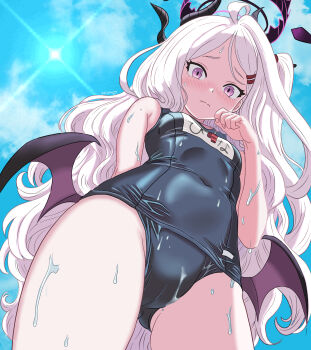 1girl ahoge arm_behind_back bare_shoulders black_halo black_swimsuit blue_archive blue_sky blush breasts cameltoe closed_mouth cloud covered_navel cowboy_shot day demon_girl demon_horns demon_wings fingernails from_below gluteal_fold hair_ornament hairclip halo hand_up highres hina_(blue_archive) hina_(swimsuit)_(blue_archive) horns loli long_hair looking_at_viewer low_wings multiple_horns name_tag old old_school_swimsuit old_woman one-piece_swimsuit outdoors purple_eyes school_swimsuit sky small_breasts solo sorodansu standing swimsuit thighs very_long_hair wet whistle whistle_around_neck white_hair wings