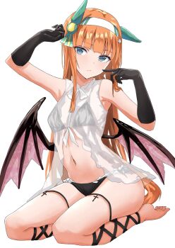 1girl alumina_(kennmeidesu) animal_ears barefoot bikini black_bikini black_gloves blue_eyes blunt_bangs blush breasts closed_mouth commentary_request demon_wings ear_covers gloves green_eyes hairband highres hime_cut horse_ears horse_girl horse_tail long_hair looking_at_viewer navel orange_hair orange_tail see-through_clothes see-through_shirt seiza shirt silence_suzuka_(umamusume) sitting small_breasts solo stomach swimsuit tail umamusume white_hairband white_shirt wings